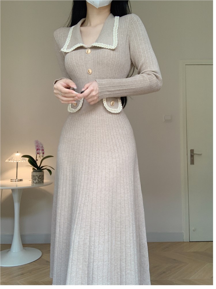 Autumn Winter Knitted Dresses for Women Turn-down Collar Korean Fashion A-line Casual Solid Dress Slim Vestidos Mujer 2024 New