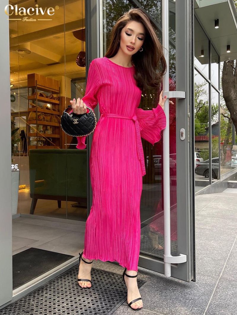 Clacive Elegant Pink Pleated Women'S Dress 2023 Fashion Loose O-Neck Long Sleeve Lace-Up Ankle-Length Dresses Female Clothing