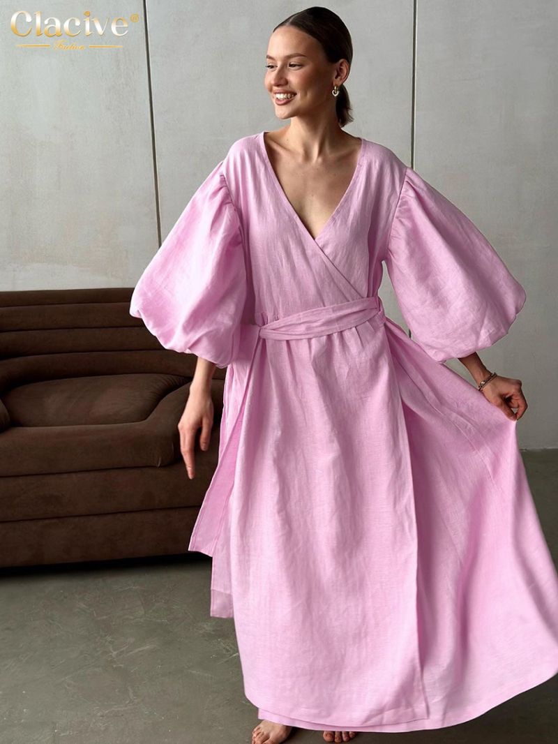 Clacive Fashion Loose Pink Cotton Women's Dress 2024 Sexy V-Neck Puff Sleeve Ankle Length Dresses Casual Lace-Up Female Dress