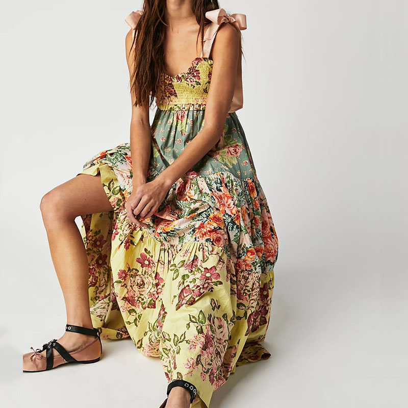 Vintage Floral Print High Waist Beach Dress Women V-Neck Bow Spaghetti Strap Dress Bohemian Summer Casual Pleated Long Dresses