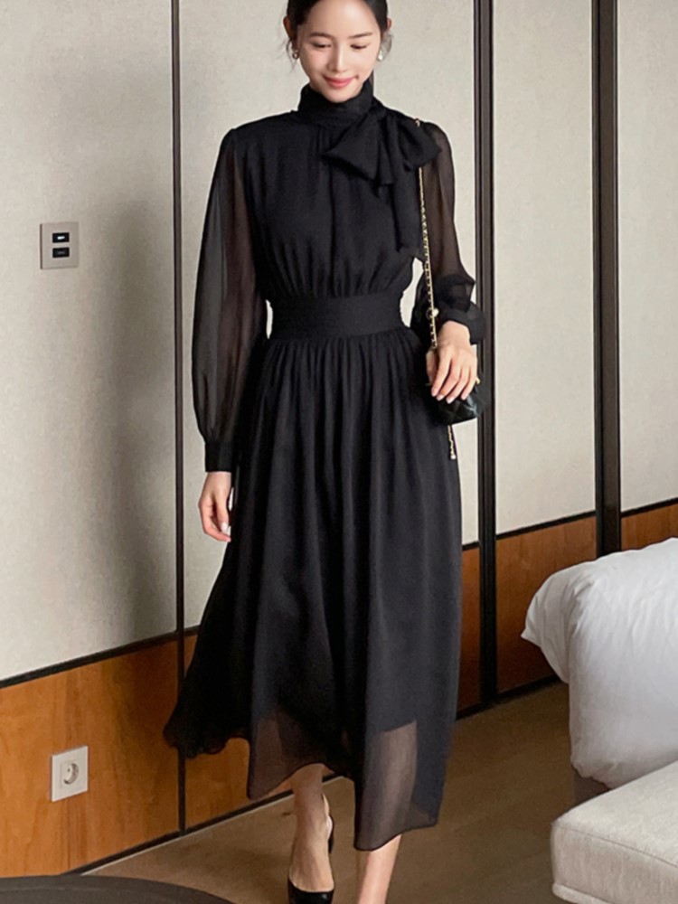 Elegant Midi Dresses for Women Long Sleeves Half High Collar Lace-up A-line Korean Fashion Autumn New One Piece Vestido Mujer