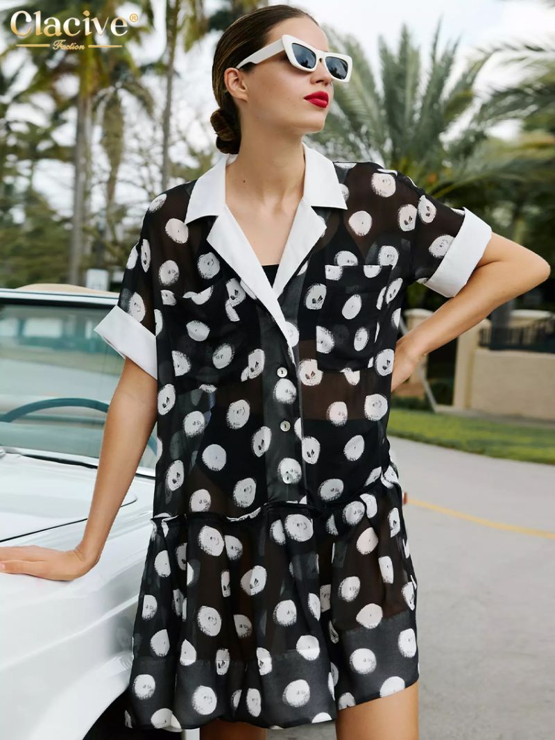 Clacive Summer Loose Print Women's Dress 2024 Fashion Lapel Short Sleeve Mini Dresses Elegant Classic Patchwork Female Dress