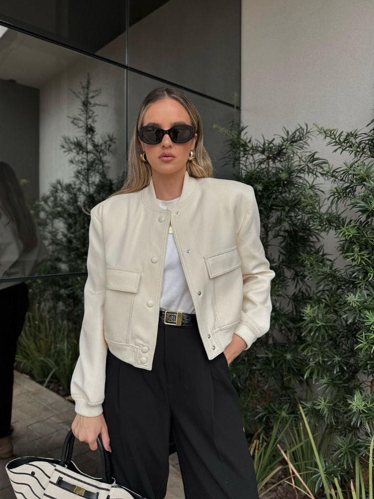 Women's Solid Cropped Jacket Female Fall Single Breasted Stand Collar Pocket Long Sleeve Solid Coat Female Commut Outerwear