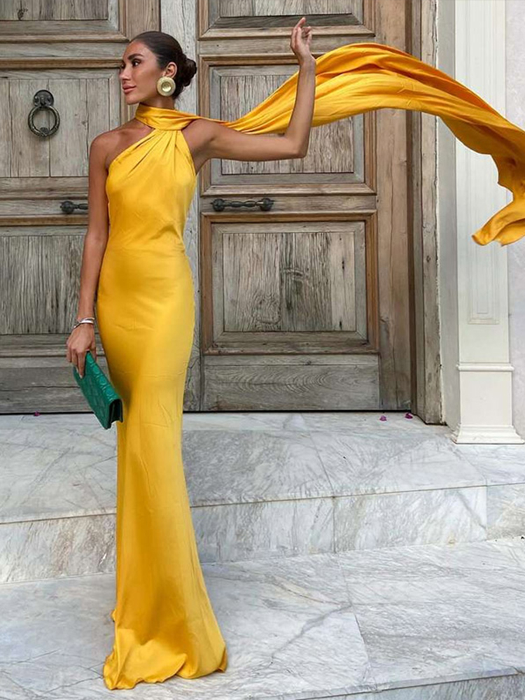 Elegant Satin Halter Slim Long Dress With Scarf Women New Sexy Backless Sleeveless Maxi Dresses Summer Lady Party Chic Vestidos