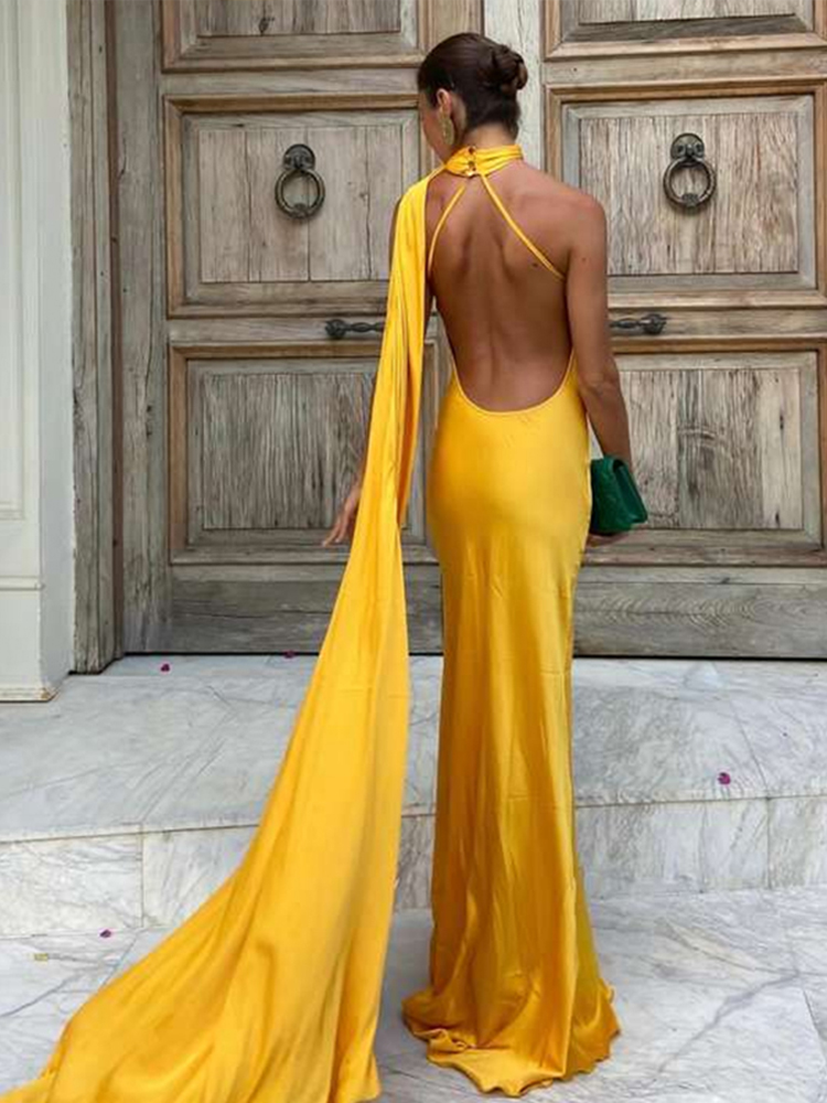 Elegant Satin Halter Slim Long Dress With Scarf Women New Sexy Backless Sleeveless Maxi Dresses Summer Lady Party Chic Vestidos