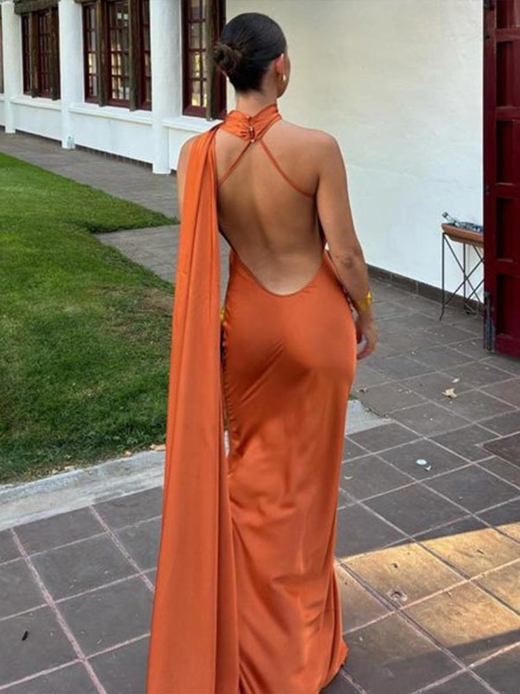 Elegant Satin Halter Slim Long Dress With Scarf Women New Sexy Backless Sleeveless Maxi Dresses Summer Lady Party Chic Vestidos