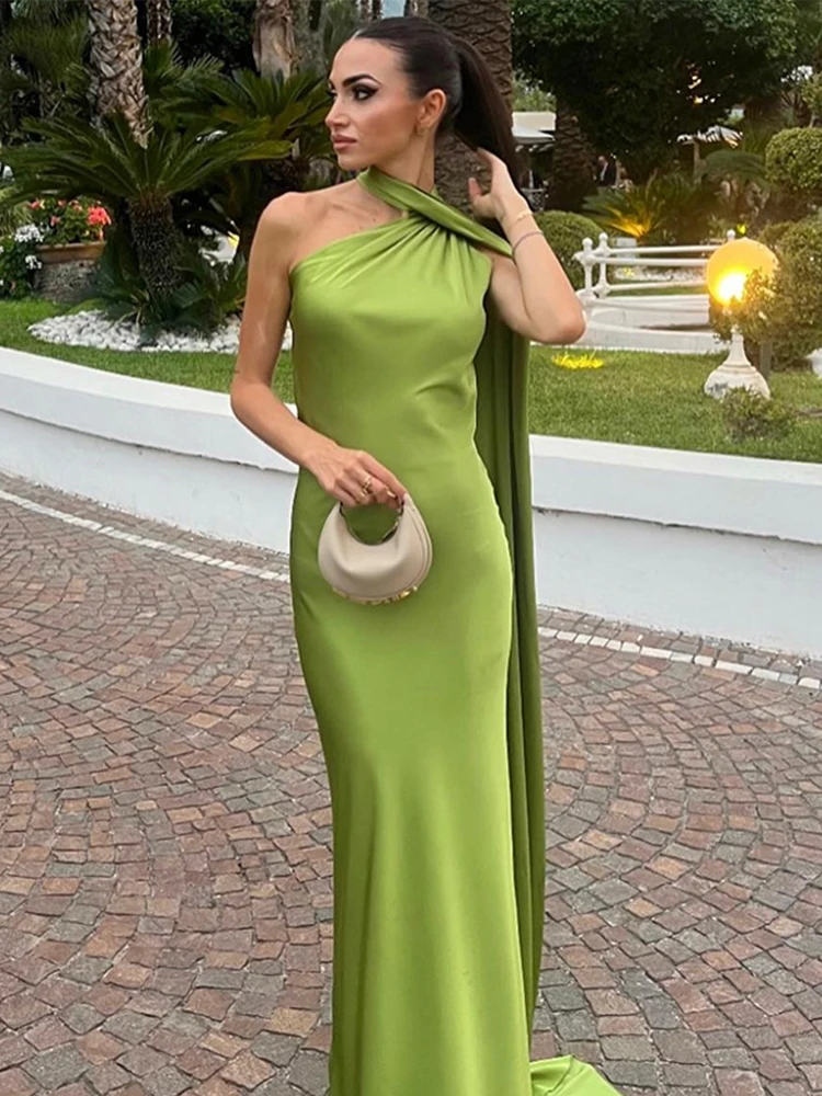 Elegant Satin Halter Slim Long Dress With Scarf Women New Sexy Backless Sleeveless Maxi Dresses Summer Lady Party Chic Vestidos