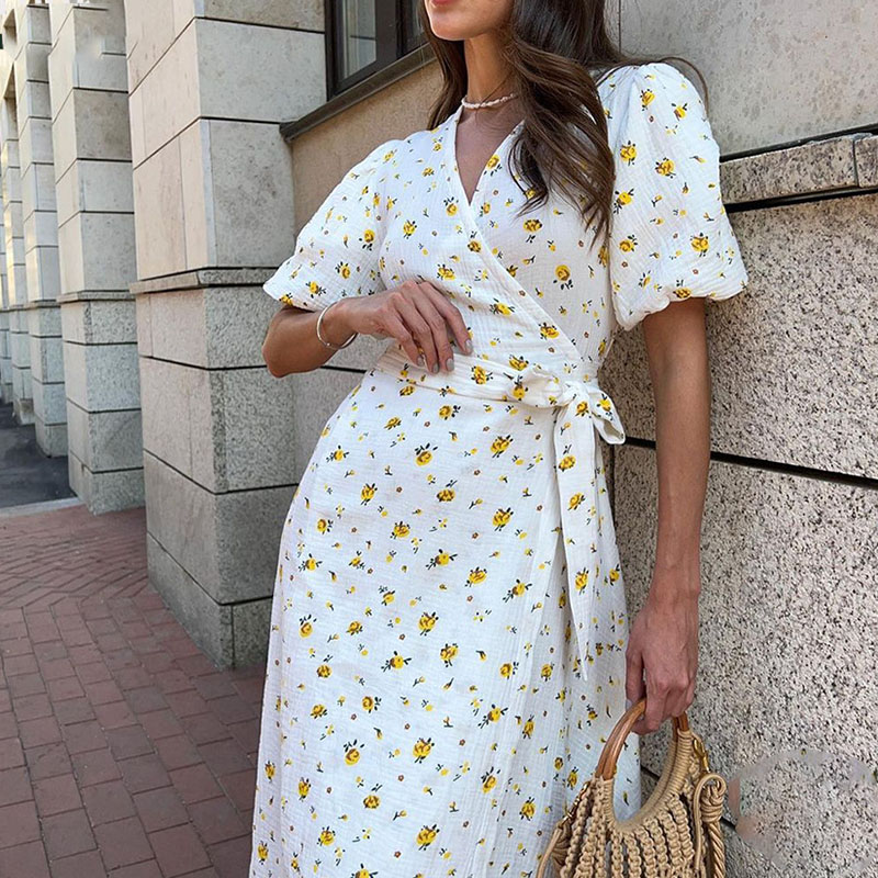 New Summer Floral Print Waist A-line Dress Sexy Women's V-neck Lace Up Beach Dress 2024 Fashion Puff Sleeve Slim Fit Long Dress