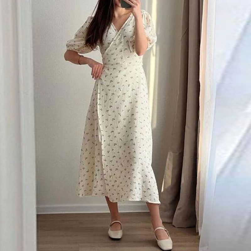 New Summer Floral Print Waist A-line Dress Sexy Women's V-neck Lace Up Beach Dress 2024 Fashion Puff Sleeve Slim Fit Long Dress