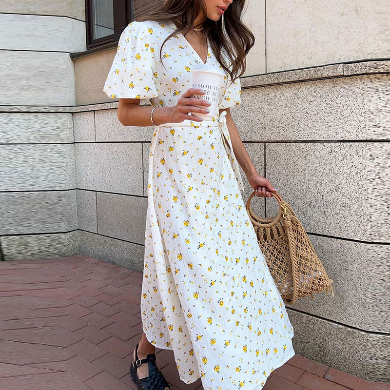 New Summer Floral Print Waist A-line Dress Sexy Women's V-neck Lace Up Beach Dress 2024 Fashion Puff Sleeve Slim Fit Long Dress