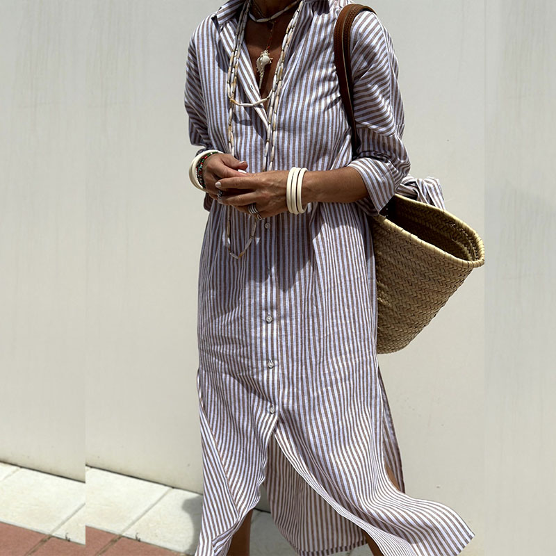 Ladies Lapel Single Breasted Shirt Dress New Summer Striped Printed Half Sleeved Loose Dress Elegant Lace Up Split Long Dresses