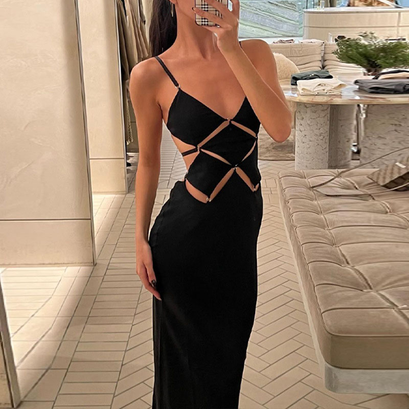 Summer Sexy V-neck Hollow Slim Long Dress Fashion Sleeveless Suspender Club Party Dress Women's Casual Backless Bodycon Dresses