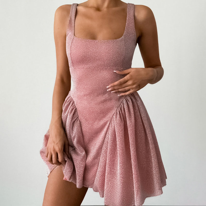 Elegant Women Square Neck Pleated Mini Dress Fashion Sleeveless Suspender Short Dress Pink Bowknot Backless Hollow Banquet Dress