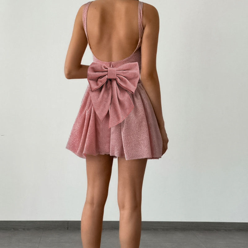 Elegant Women Square Neck Pleated Mini Dress Fashion Sleeveless Suspender Short Dress Pink Bowknot Backless Hollow Banquet Dress