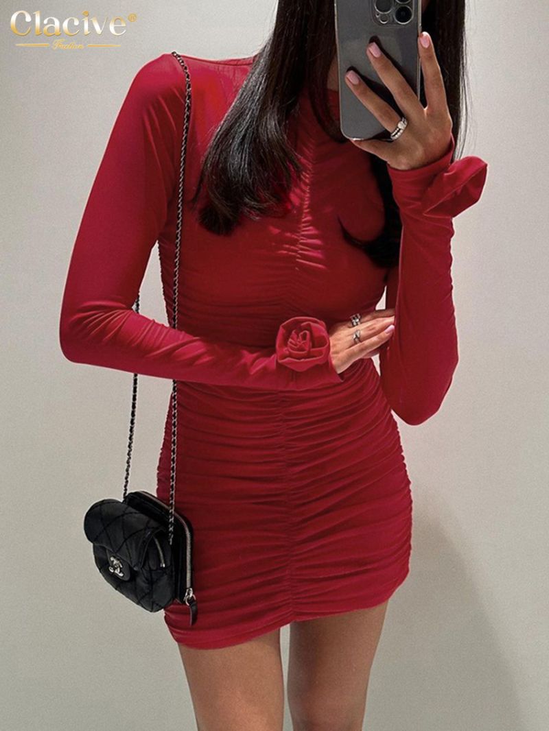 Clacive Bodycon Red Knitted Women's Dress 2024 Fashion Stand Collar Long Sleeve Mini Dresses Elegant Classic Ruched Female Dress