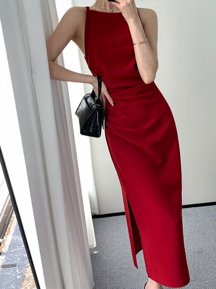 Korean Summer Elegant Slim Red Sleeveless Midi Dress Office Lady Fashion Spaghetti Straps Bodycon Split Clothes Women Vestidos