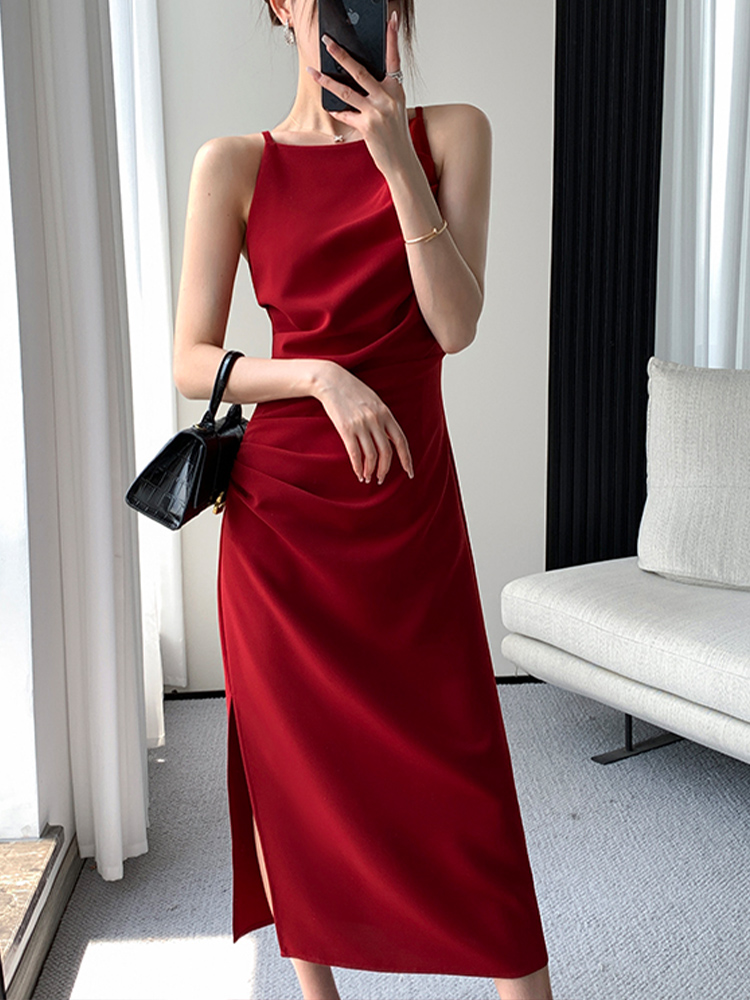 Korean Summer Elegant Slim Red Sleeveless Midi Dress Office Lady Fashion Spaghetti Straps Bodycon Split Clothes Women Vestidos