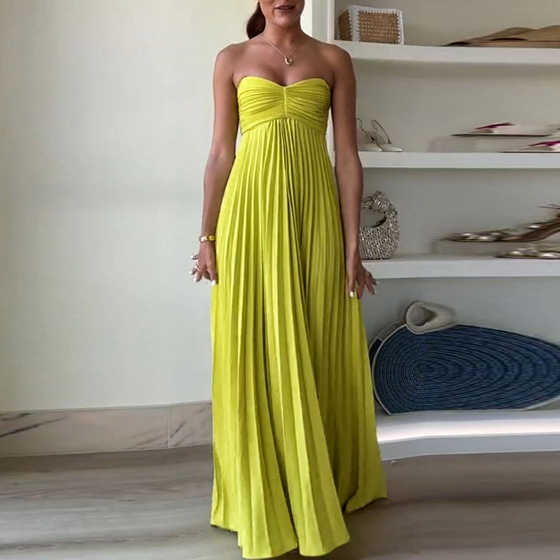 Casual Sleeveless Solid Swing Long Dress Fashion Strapless High Waist Pleated Dress Ladies Sexy Off Shoulder Slim Evening Dress