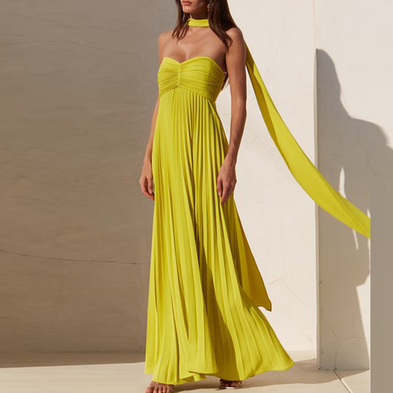 Casual Sleeveless Solid Swing Long Dress Fashion Strapless High Waist Pleated Dress Ladies Sexy Off Shoulder Slim Evening Dress