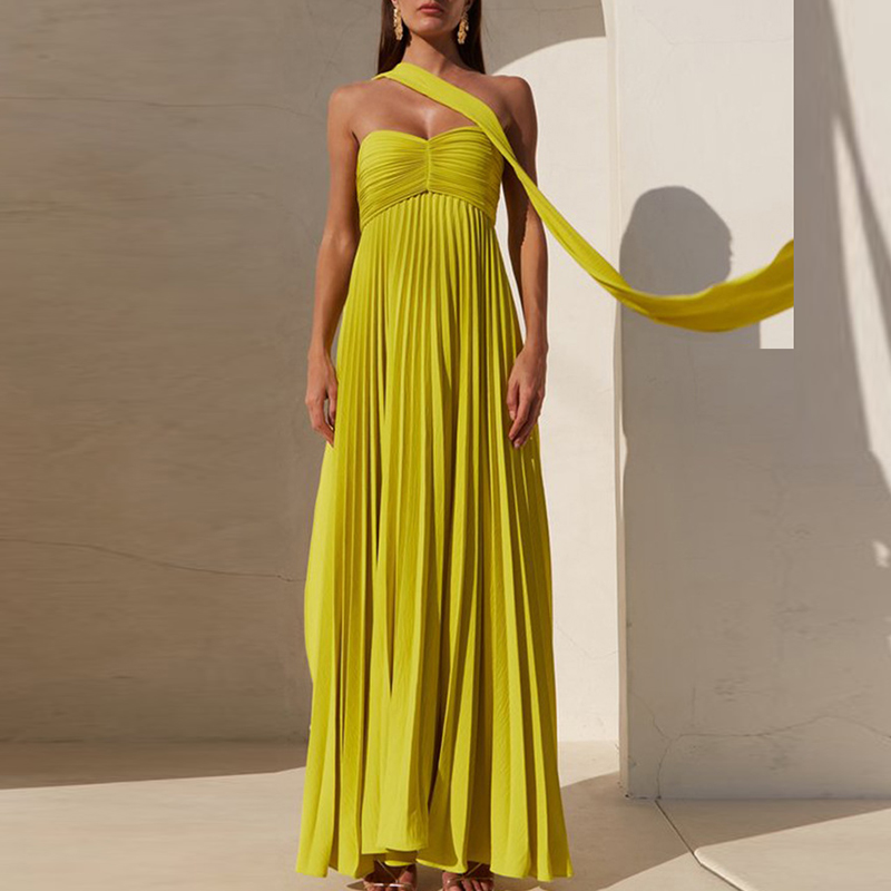 Casual Sleeveless Solid Swing Long Dress Fashion Strapless High Waist Pleated Dress Ladies Sexy Off Shoulder Slim Evening Dress