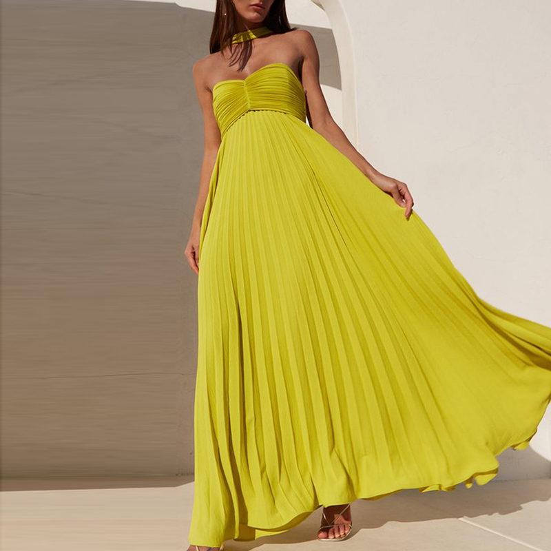 Casual Sleeveless Solid Swing Long Dress Fashion Strapless High Waist Pleated Dress Ladies Sexy Off Shoulder Slim Evening Dress