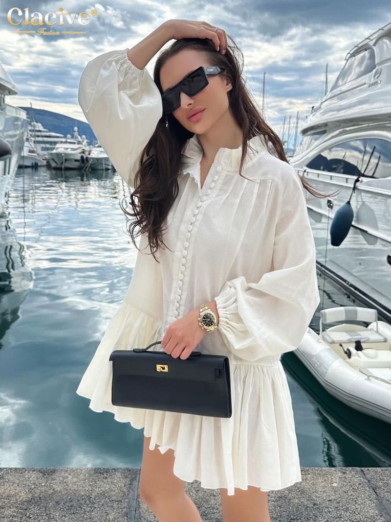 Clacive Fashion Loose White Linen Dress Ladies Casual Stand Collar Long Sleeve Mini Dress Elegant Pleated Dresses For Women 2024