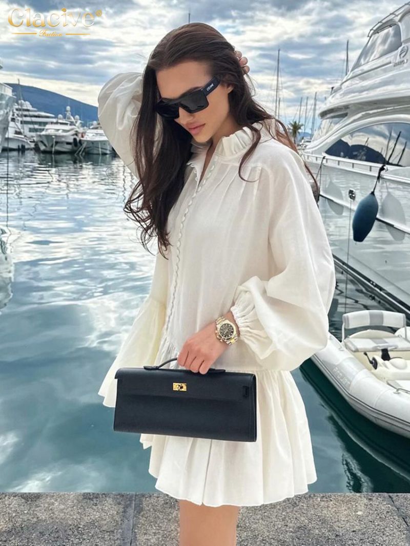 Clacive Fashion Loose White Linen Dress Ladies Casual Stand Collar Long Sleeve Mini Dress Elegant Pleated Dresses For Women 2024