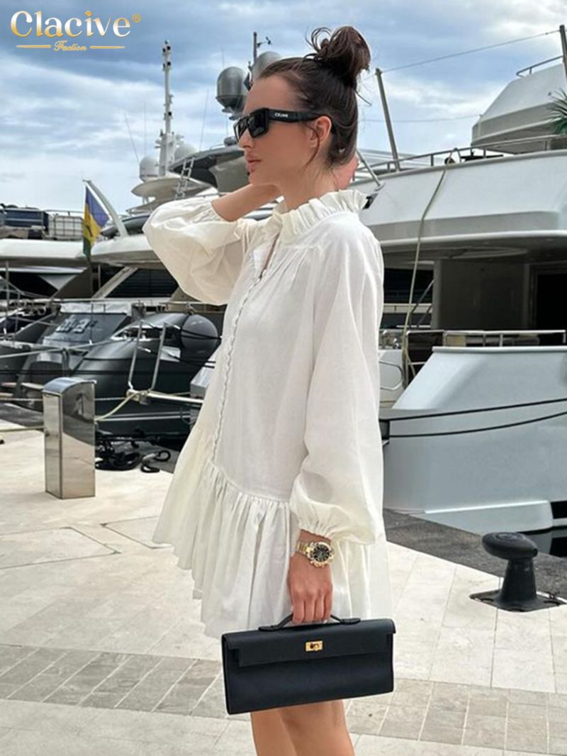 Clacive Fashion Loose White Linen Dress Ladies Casual Stand Collar Long Sleeve Mini Dress Elegant Pleated Dresses For Women 2024