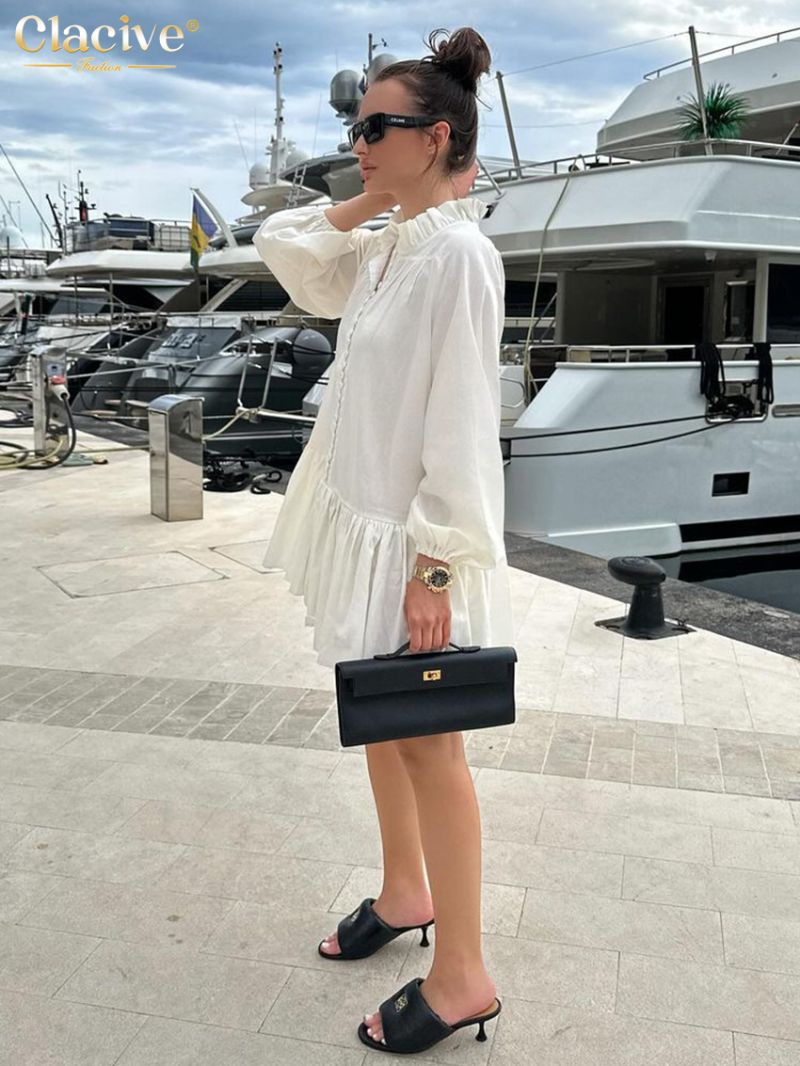 Clacive Fashion Loose White Linen Dress Ladies Casual Stand Collar Long Sleeve Mini Dress Elegant Pleated Dresses For Women 2024