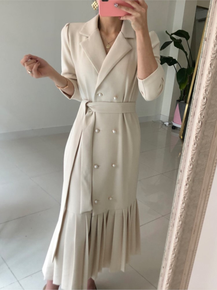 Spring Autumn Women Korean Fashion Solid Suits Dress Double Breasted Long Sleeve Vestdios Elegant Office Lady Blazer Robe