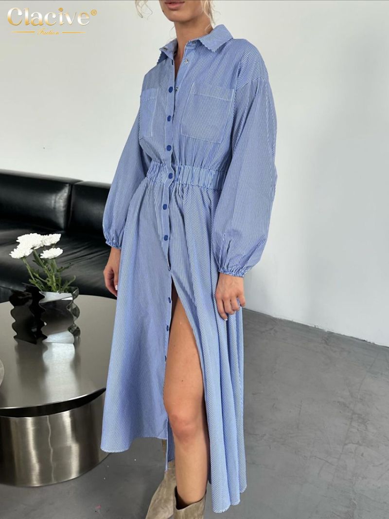 Clacive Fashion Loose Stripe Print Women's Dress Elegant Lapel Long Sleeve Ankle Length Dresses Casual Classic Slit Female Dress