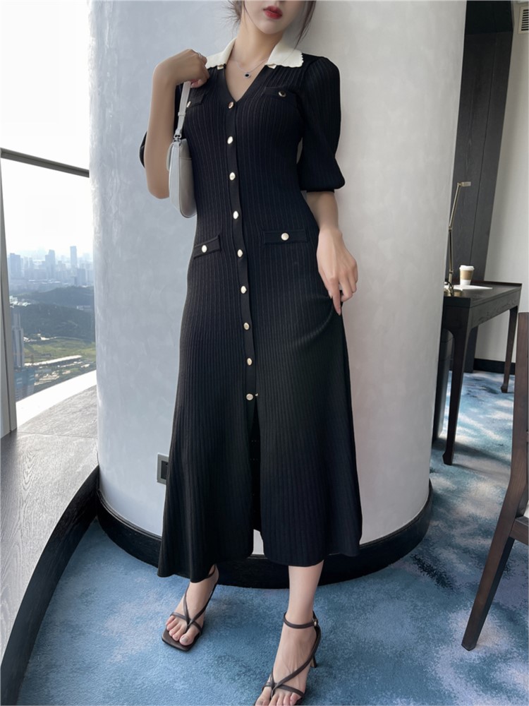 Autumn Elegant Knitted Dresses for Women Patchwork V-neck Puff Sleeve Single Breasted Midi Dress Fashion Ladies Vestidos Femme