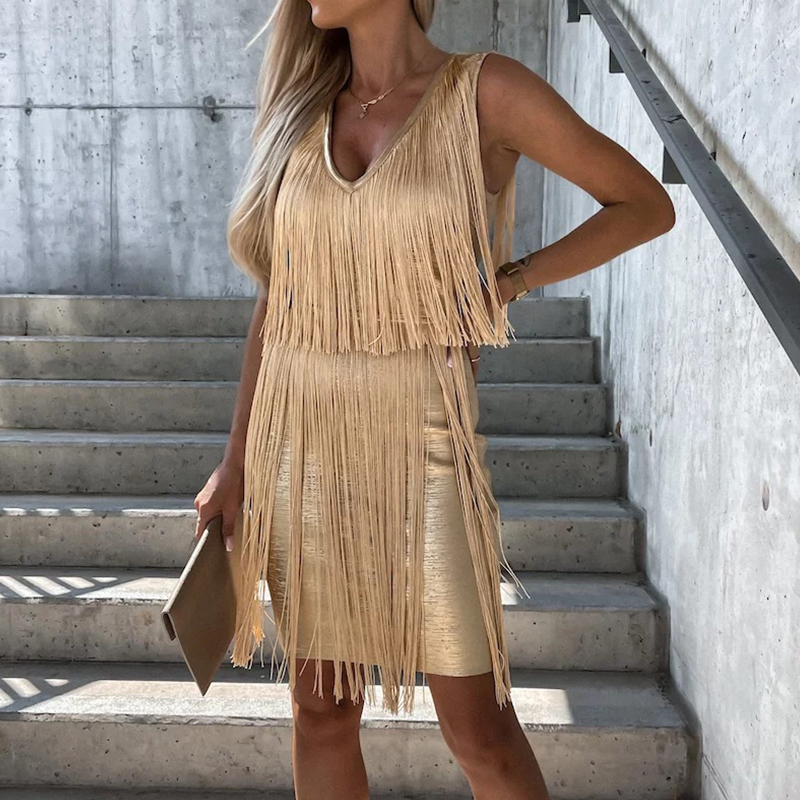 Elegant Sleeveless V-Neck Summer Mini Party Dress Ladies Fashion Solid Color Fringe Satin Dress Ladies Slim Hip Dresses 2022 New