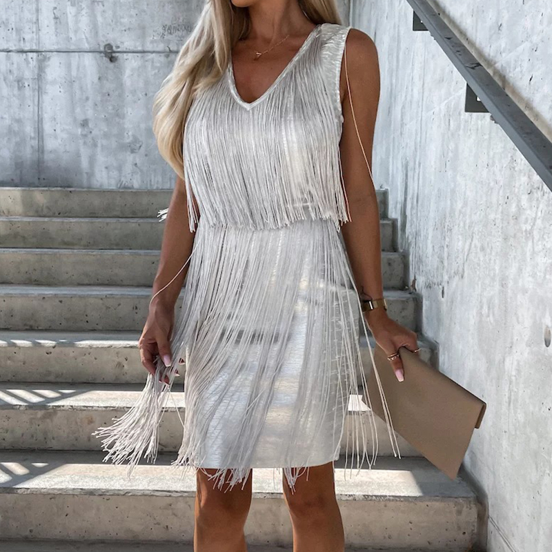 Elegant Sleeveless V-Neck Summer Mini Party Dress Ladies Fashion Solid Color Fringe Satin Dress Ladies Slim Hip Dresses 2022 New