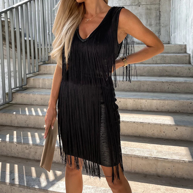 Elegant Sleeveless V-Neck Summer Mini Party Dress Ladies Fashion Solid Color Fringe Satin Dress Ladies Slim Hip Dresses 2022 New