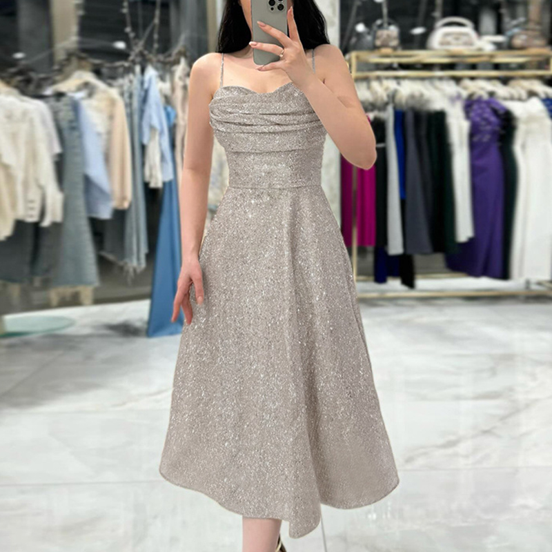 Sexy Off Shoulder Solid Women A-line Dress Elegant Sleeveless High Waist Long Dress 2024 Fashion Bright Silk Slim Banquet Dress