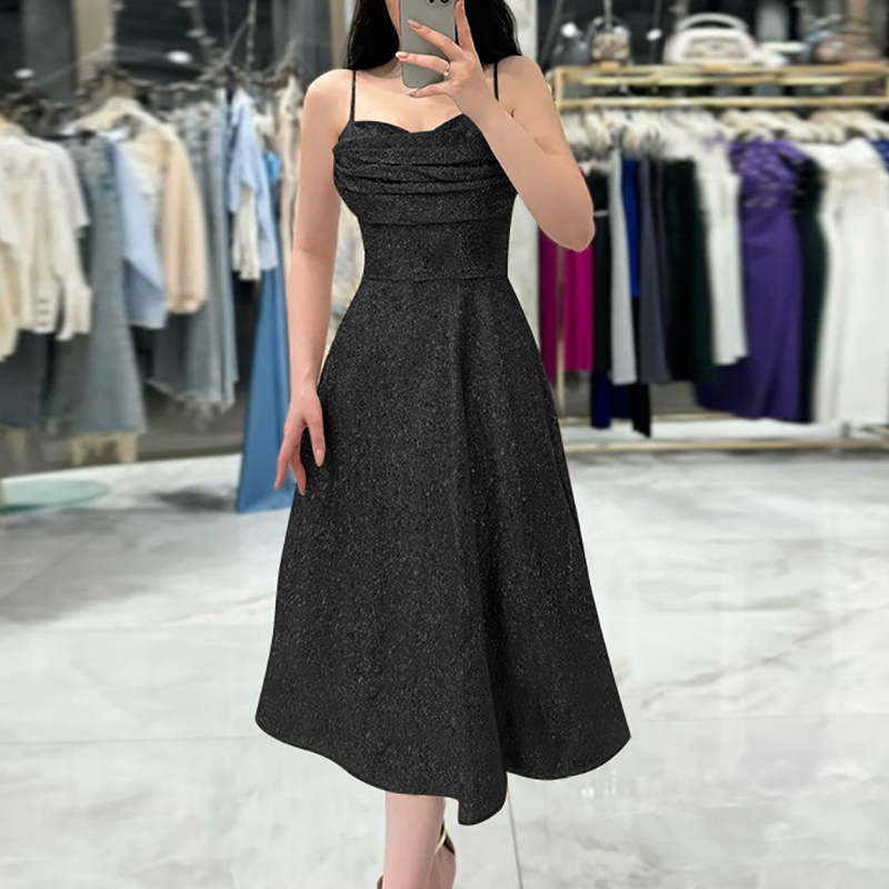 Sexy Off Shoulder Solid Women A-line Dress Elegant Sleeveless High Waist Long Dress 2024 Fashion Bright Silk Slim Banquet Dress