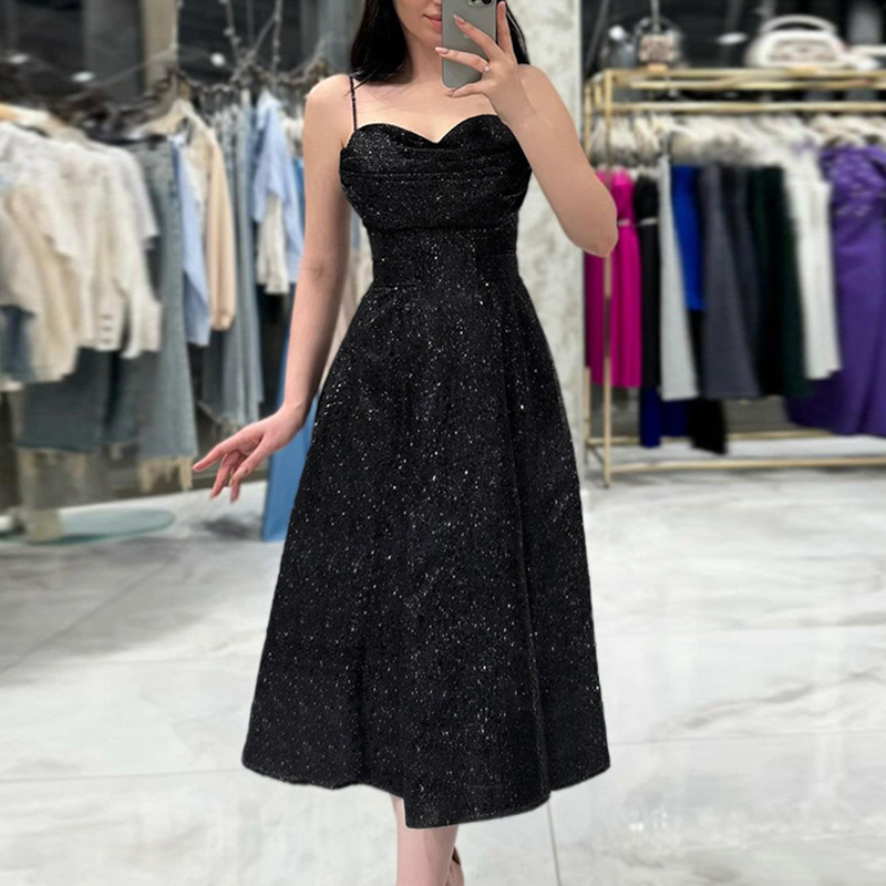 Sexy Off Shoulder Solid Women A-line Dress Elegant Sleeveless High Waist Long Dress 2024 Fashion Bright Silk Slim Banquet Dress