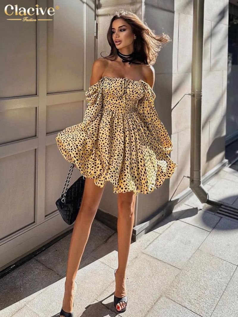 Clacive Sexy Loose Print Women's Dress 2024 Fashion Slash Neck Long Sleeve Mini Dress Elegant Classic Pleated Party Dresses