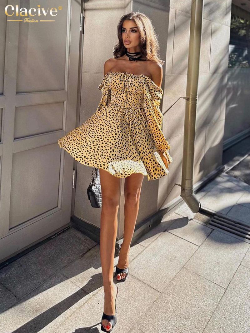 Clacive Sexy Loose Print Women's Dress 2024 Fashion Slash Neck Long Sleeve Mini Dress Elegant Classic Pleated Party Dresses