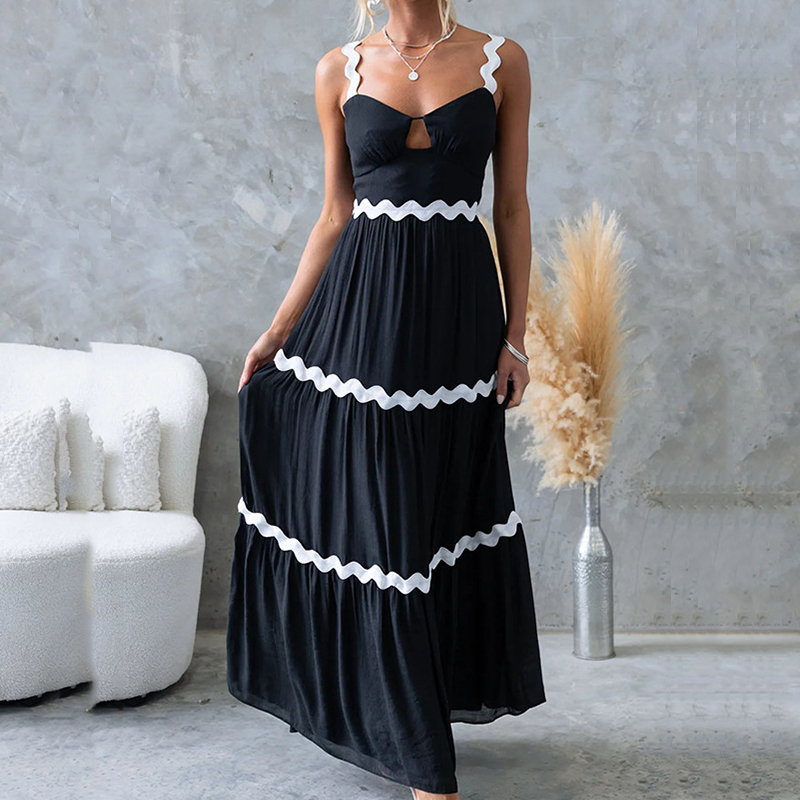 2024 Summer Contrasting Color Suspender Dress Lady Sexy Off Shoulder Pleated Beach Dress Casual Sleeveless High Waist Long Dress