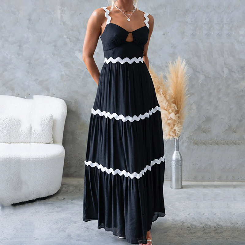 2024 Summer Contrasting Color Suspender Dress Lady Sexy Off Shoulder Pleated Beach Dress Casual Sleeveless High Waist Long Dress