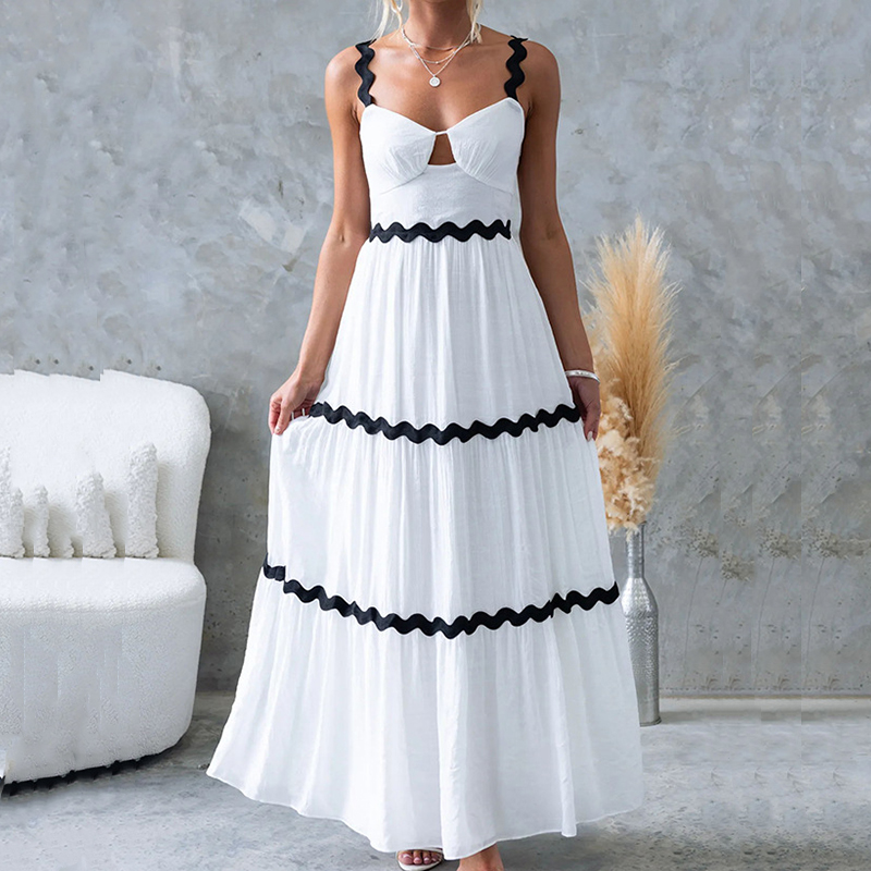 2024 Summer Contrasting Color Suspender Dress Lady Sexy Off Shoulder Pleated Beach Dress Casual Sleeveless High Waist Long Dress