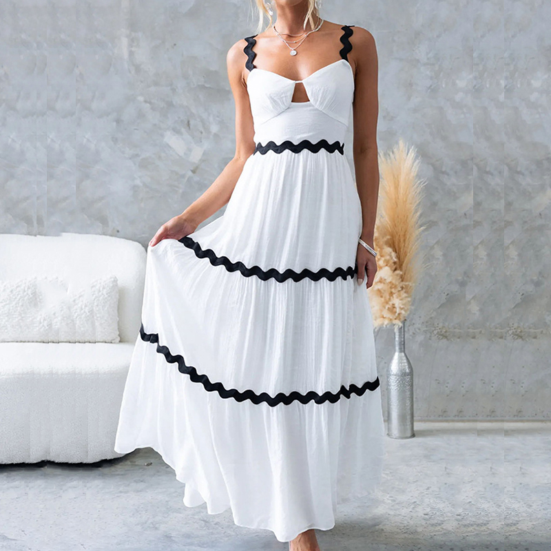 2024 Summer Contrasting Color Suspender Dress Lady Sexy Off Shoulder Pleated Beach Dress Casual Sleeveless High Waist Long Dress