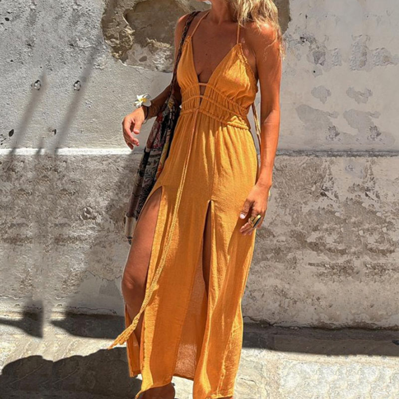 Fashion Deep V Solid Color Split Dress Summer Hollow Out Sleeveless Tie Up Holiday Dress Women Sexy Backless Pleated Long Dress