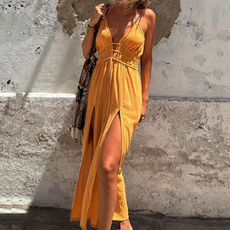 Fashion Deep V Solid Color Split Dress Summer Hollow Out Sleeveless Tie Up Holiday Dress Women Sexy Backless Pleated Long Dress