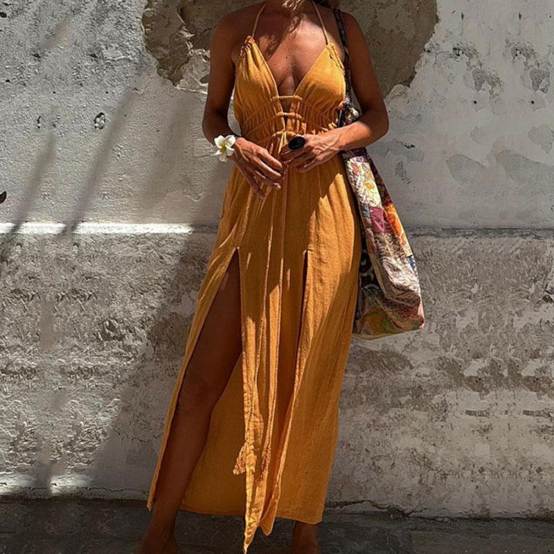 Fashion Deep V Solid Color Split Dress Summer Hollow Out Sleeveless Tie Up Holiday Dress Women Sexy Backless Pleated Long Dress