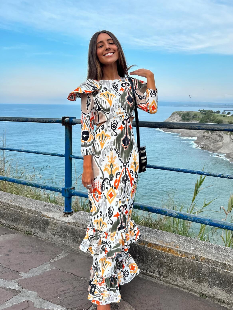 Print Ruffles Hem Hollow Out Maxi Dress Fashion Long Sleeves O-neck High Waist Dresses 2024 Early Autumn Lady Elegant Robes