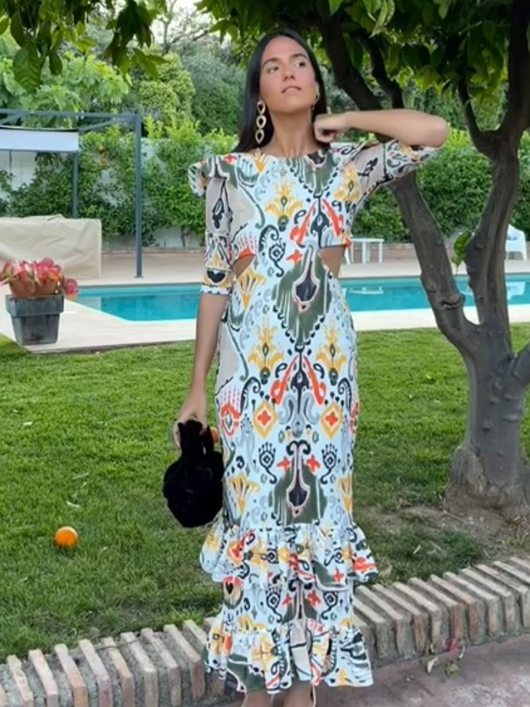 Print Ruffles Hem Hollow Out Maxi Dress Fashion Long Sleeves O-neck High Waist Dresses 2024 Early Autumn Lady Elegant Robes