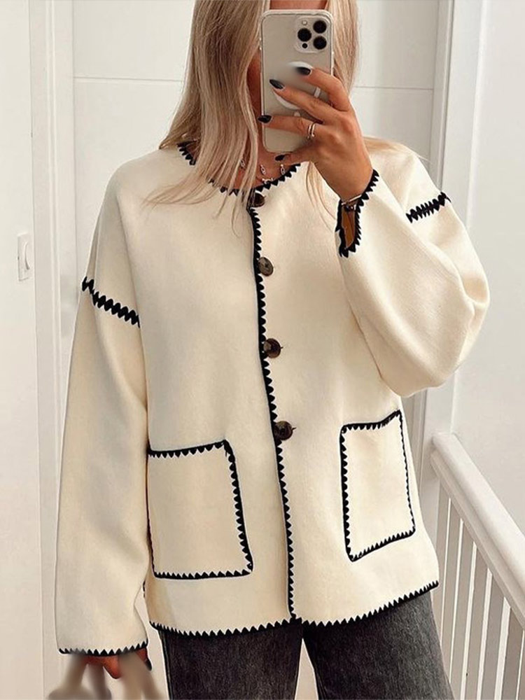 2024 Autumn Women Patchwork O Neck Loose Jacket Femlae Elegant Long Sleeves Loose Coat New Winter Lady High Streetwear Coats